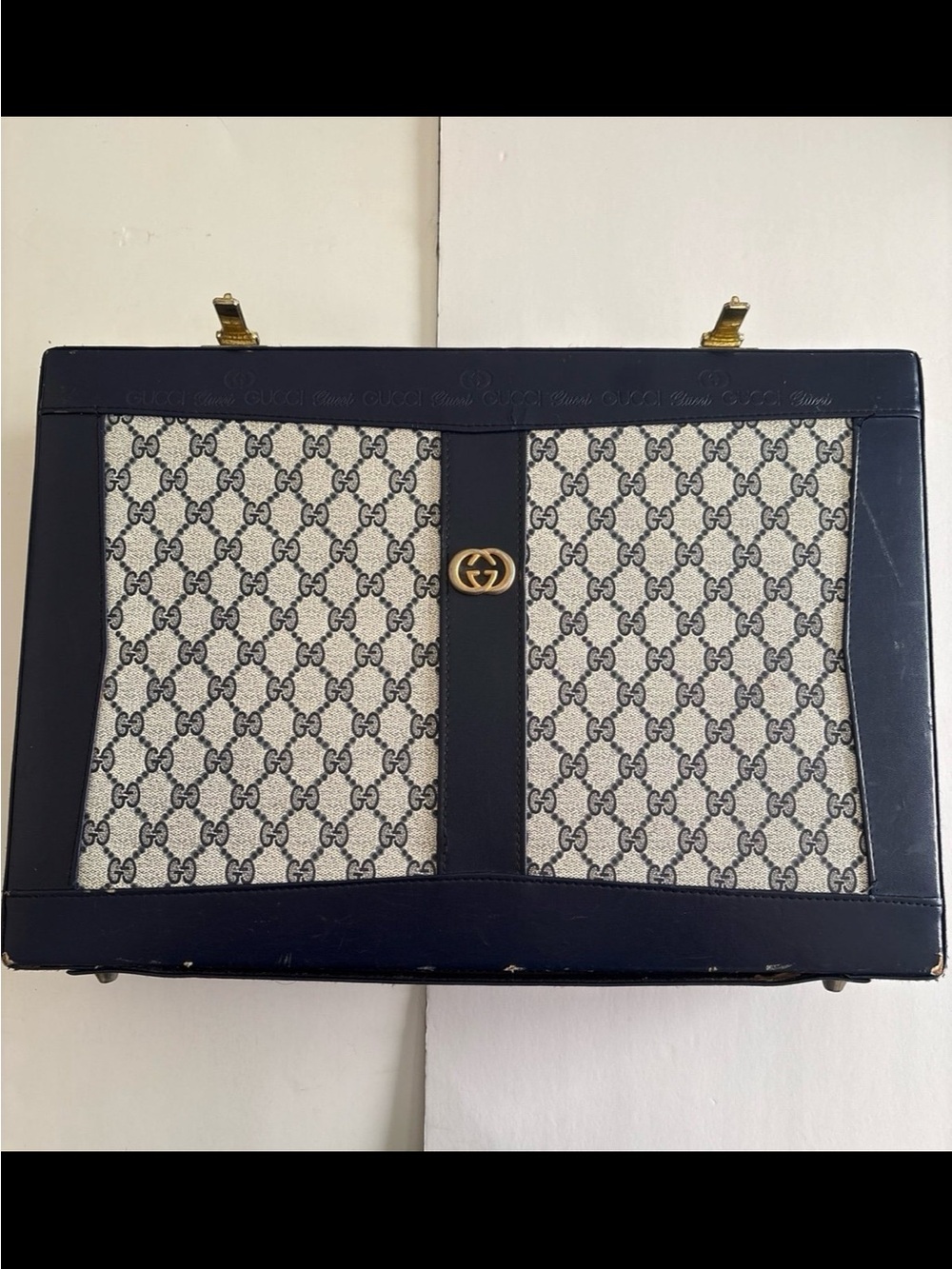 Authentic Gucci Monogram Canvas Top Handle Bag Briefcase in Navy & Beige